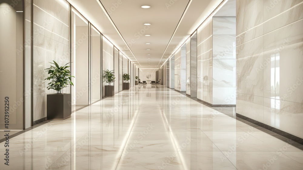Fototapeta premium A sleek lobby corridor with polished marble tiles and recessed modern lighting, minimal furnishings creating a clean, open space perfect for a professional environment.