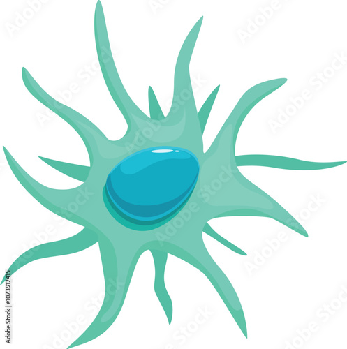 Microscopic view of a green virus cell spreading its tentacles, featuring a prominent blue nucleus in the center