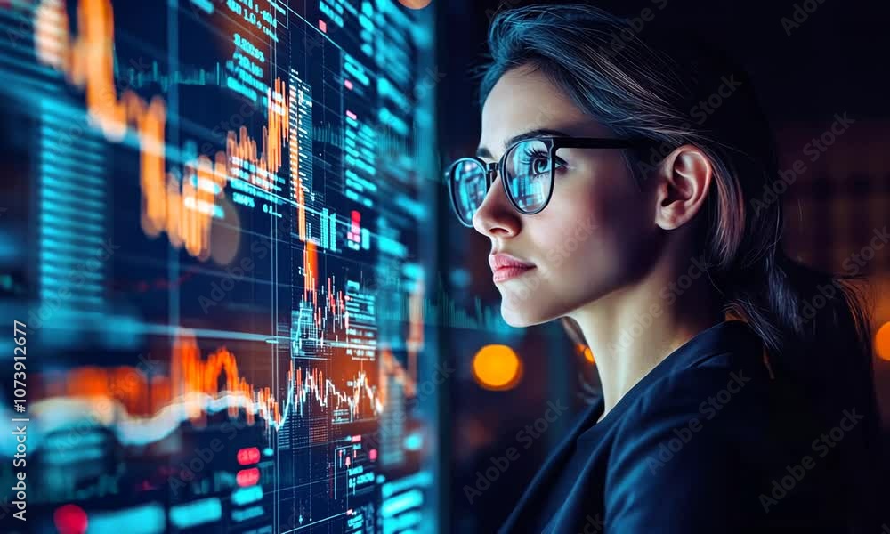 Woman analyzing data on a large screen Woman analyzing data on a large screen