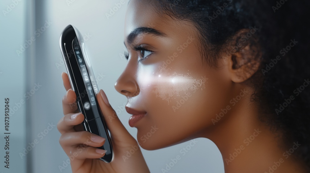 Woman Using Beauty Device with AI Technology Woman Using Beauty Device with AI Technology