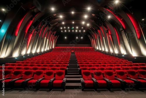 A spacious cinema with plush red seats and bright interior lighting, the modern architecture creating a sleek, welcoming environment.