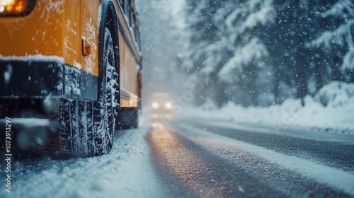 Yellow school bus driving on road winter composition background