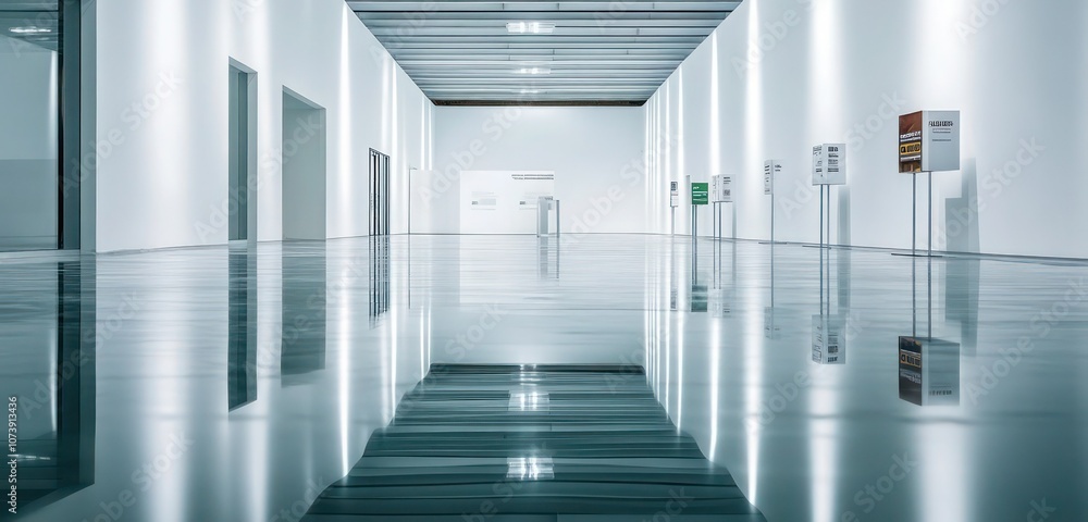 A spacious exhibition hall with reflective floors, clean white walls, and soft, indistinct signage near the entrance. A spacious exhibition hall with reflective floors, clean white walls, and soft, indistinct signage near the entrance.