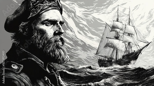  bearded captain, sailor, and a tall ship on the ocean evoking a sense of adventure and maritime spirit: photo