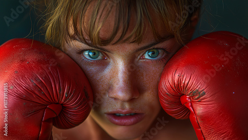 White female boxer or fighter, copy space, serious expression photo