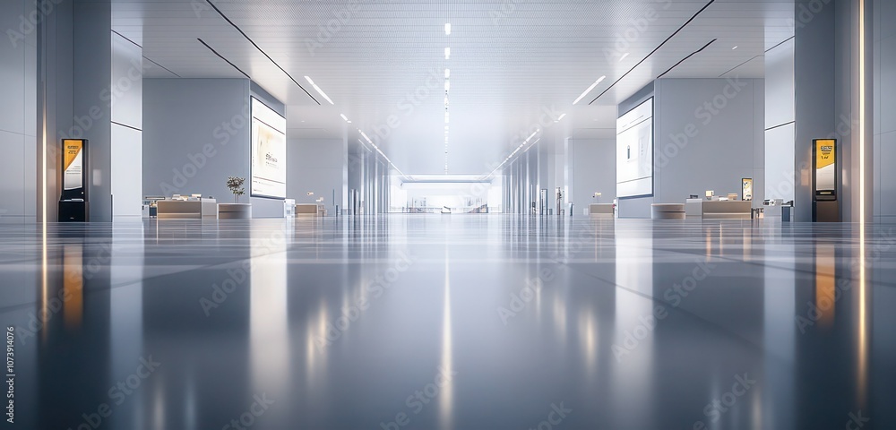 A vast modern hall with sleek, glossy flooring, minimalistic furnishings, and faintly blurred signage at the corners. A vast modern hall with sleek, glossy flooring, minimalistic furnishings, and faintly blurred signage at the corners.