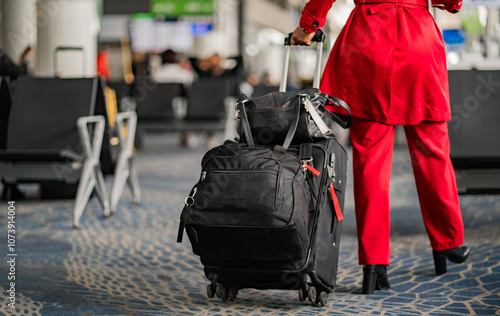 mujer en vestuario rojo que camina con su equipaje de viaje en el aeropuerto  photo