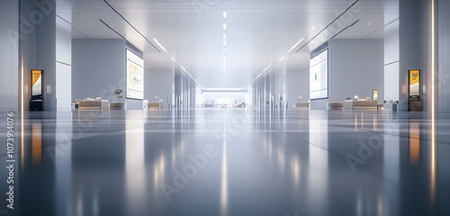 A vast modern hall with sleek, glossy flooring, minimalistic furnishings, and faintly blurred signage at the corners.