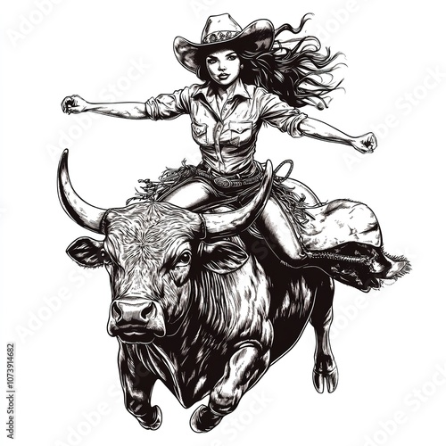  beautiful cowgirl riding a bull, hand-drawn vector illustration: photo