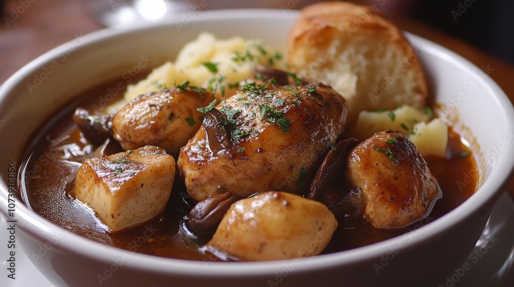 France, Coq au Vin, a rich stew made from chicken braised with red wine, mushrooms, and garlic, usually served with potatoes or bread, 16:9