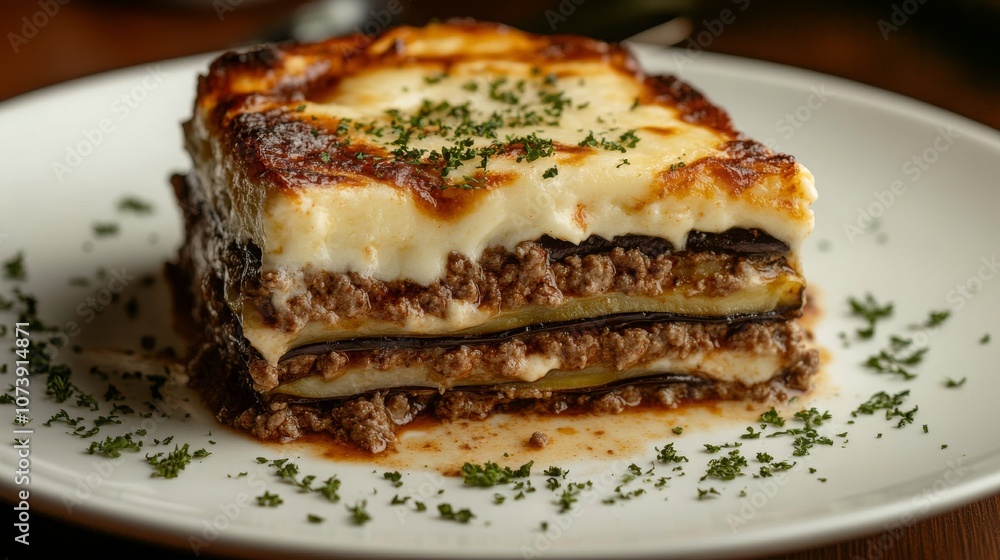 Greece, Moussaka, a layered casserole made with eggplant, minced meat lamb or beef, tomato sauce, and topped with béchamel sauce, 16:9 Greece, Moussaka, a layered casserole made with eggplant, minced meat lamb or beef, tomato sauce, and topped with béchamel sauce, 16:9