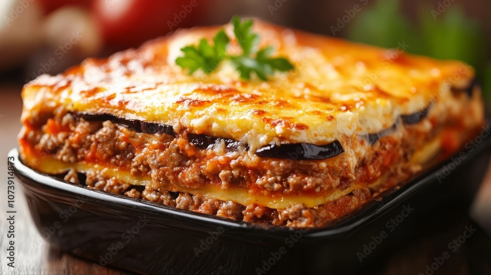 Greece, Moussaka, a layered casserole made with eggplant, minced meat lamb or beef, tomato sauce, and topped with béchamel sauce, 16:9 Greece, Moussaka, a layered casserole made with eggplant, minced meat lamb or beef, tomato sauce, and topped with béchamel sauce, 16:9