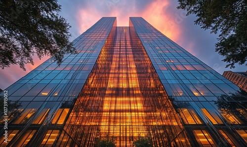 Wallpaper Mural A low angle view of a modern skyscraper with glass facade illuminated by the setting sun. Torontodigital.ca