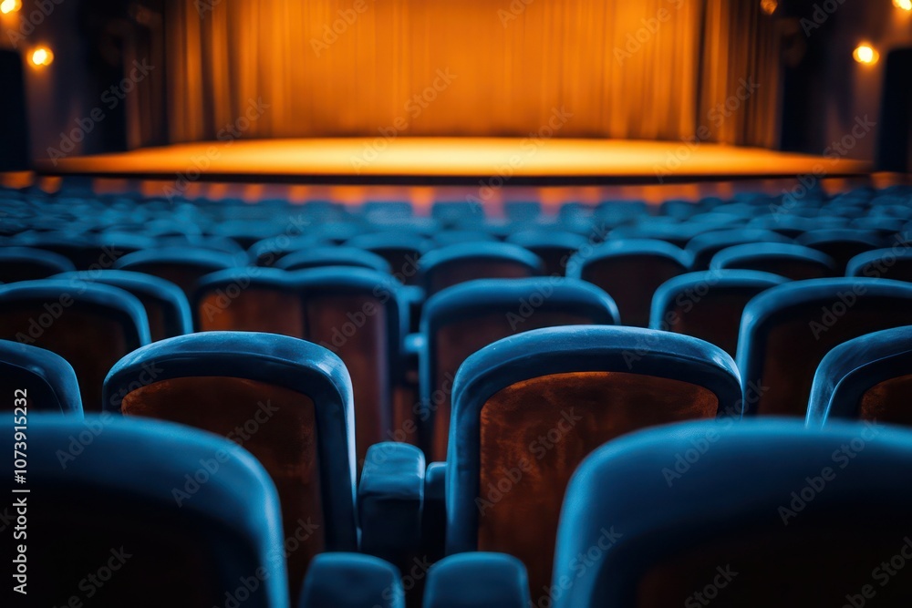 An empty theater with plush velvet seats arranged neatly, a stage softly illuminated in warm tones, waiting for the show to begin. An empty theater with plush velvet seats arranged neatly, a stage softly illuminated in warm tones, waiting for the show to begin.