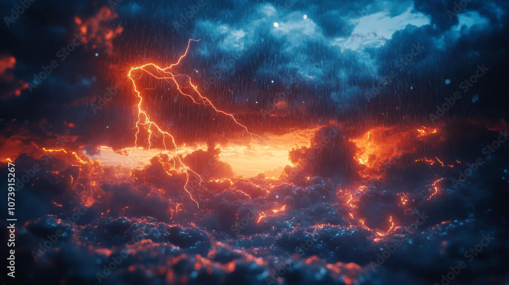 Dramatic storm clouds illuminated by contrasting lightning bolts during a vibrant sunset over an expansive sky Dramatic storm clouds illuminated by contrasting lightning bolts during a vibrant sunset over an expansive sky