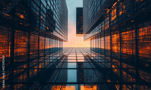 A low angle view of modern skyscrapers reflecting the sunset, creating a geometric pattern.