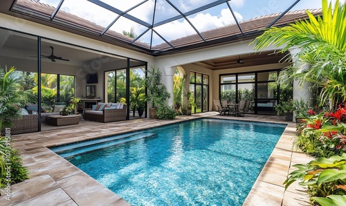 Wallpaper Mural A luxurious outdoor pool area with a glass roof, surrounded by lush greenery and comfortable seating. Torontodigital.ca