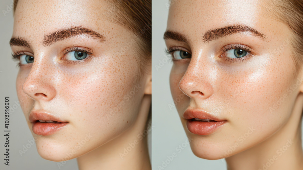 Close-up of a young woman showcasing natural beauty with glowing skin and defined eyebrows in a soft studio setting Close-up of a young woman showcasing natural beauty with glowing skin and defined eyebrows in a soft studio setting