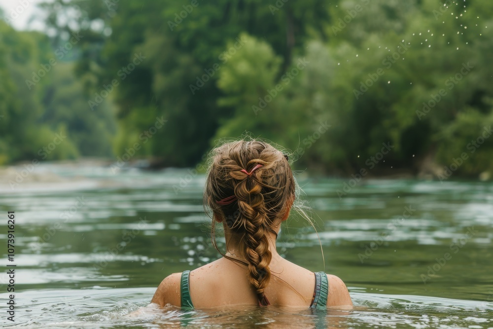 Fototapeta premium Woman swim in lake. Girl swimming in river. Outdoor vacation travel. Summertime recreational freedom. Nature summer water and young female