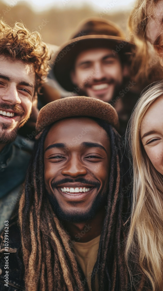 Joyful group of friends smiling together outdoors during sunset; capturing memories in a relaxed setting Joyful group of friends smiling together outdoors during sunset; capturing memories in a relaxed setting