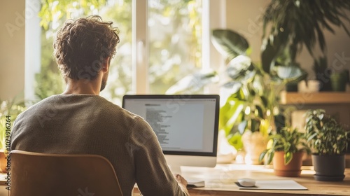 Wallpaper Mural Focused man working at home with plants in the background Torontodigital.ca
