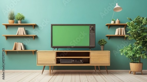 Wallpaper Mural Retro-style living room with a TV, shelves, and plants against a teal wall. Torontodigital.ca