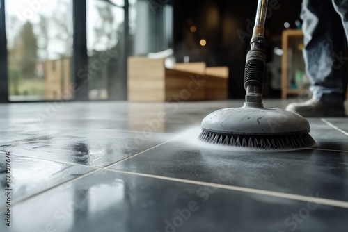 man cleaning and wash tiles floor in apartment. natural window light.
