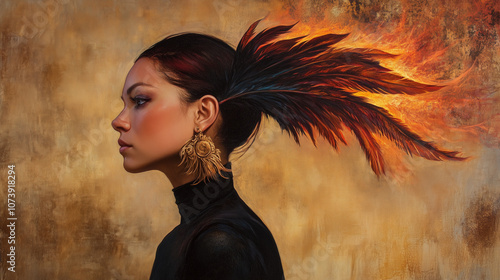 The womanâs profile with a phoenix feather tucked behind her ear, the feather seeming to smolder with intense energy photo