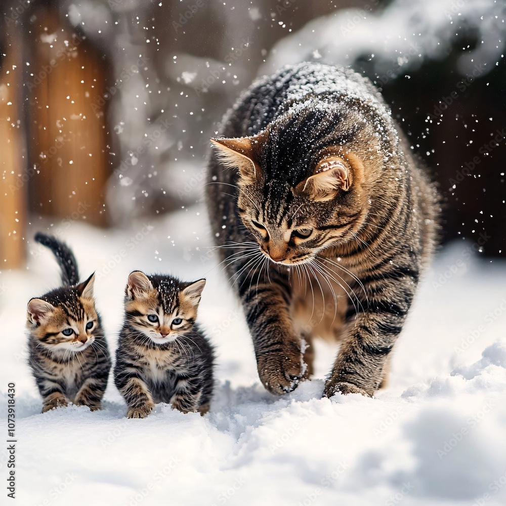 A mother tabby cat and her two adorable kittens exploring the snowy outdoors, with gentle snowflakes falling around them A mother tabby cat and her two adorable kittens exploring the snowy outdoors, with gentle snowflakes falling around them