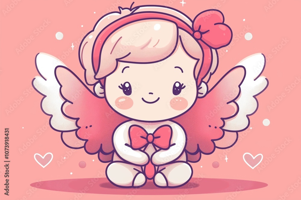 A cute illustration of a baby Cupid with big eyes, pink wings, and a red bow, set against a soft pink background with hearts and sparkles, radiating love and sweetness A cute illustration of a baby Cupid with big eyes, pink wings, and a red bow, set against a soft pink background with hearts and sparkles, radiating love and sweetness
