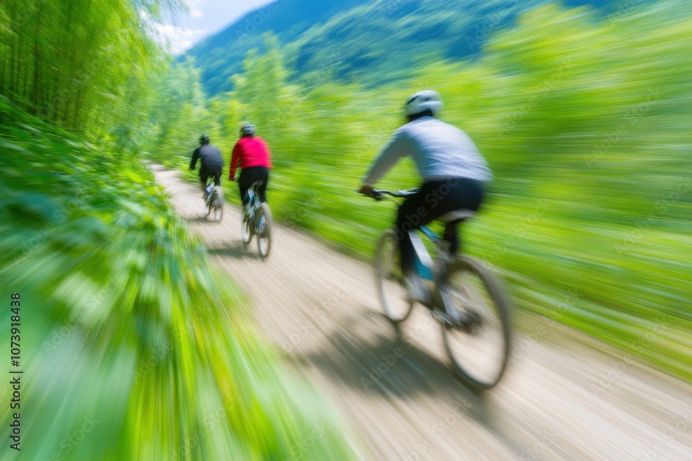 Fototapeta premium Thrilling Mountain Bikers Racing Down a Steep Forest Trail Under Vibrant Blue Skies