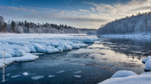 A flowing river in winter, with water still moving despite the snow-covered banks and frosty trees surrounding it