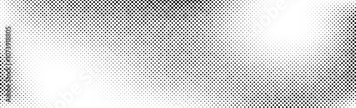 Grunge halftone background. Faded grit noise gradient texture. White and black sand wallpaper. Wide long retro pixelated backdrop. Anime or manga comic style overlay. Halftone gritty print. Vector