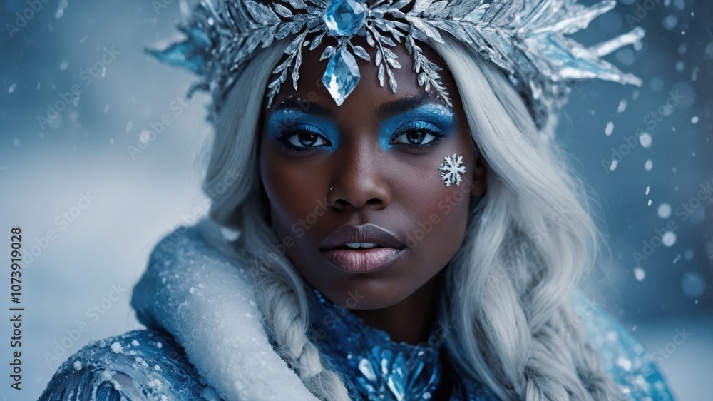 A portrait of a modern Snow Queen, with icy makeup and shimmering details. Her expression is powerful and regal, set against a frosty, wintry backdrop A portrait of a modern Snow Queen, with icy makeup and shimmering details. Her expression is powerful and regal, set against a frosty, wintry backdrop