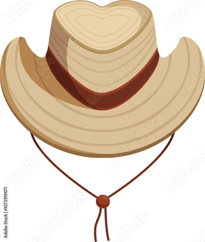 Beige cowboy hat with heart shaped crown, brown band, and chin strap, celebrating valentine's day or expressing love for western style