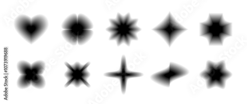 Black smooth blurred gradient form set. Grunge blurry aura shape collection. Fading abstract elements for poster, template, badge, sticker, collage. Vector flower, star, wave and heart pack