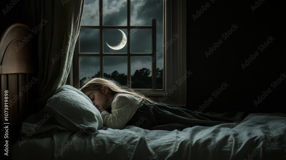 A young girl sleeps soundly in her bed with the moon shining through the window. A young girl sleeps soundly in her bed with the moon shining through the window.