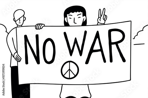 People striving for peace, protesting against war and violence. Line art vector illustration