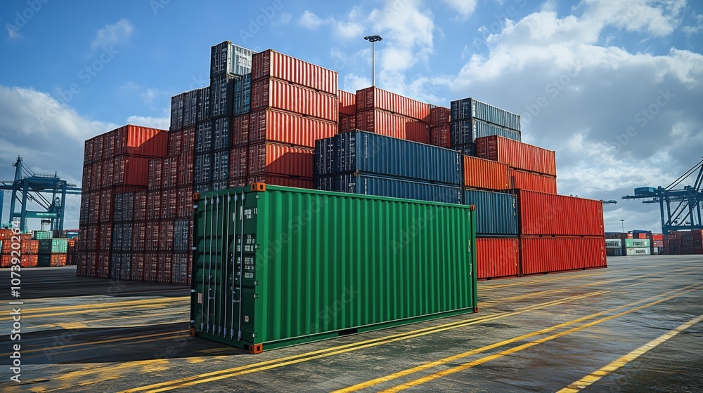 Fototapeta premium Large Stack of Shipping Containers at a Cargo Port Under a Bright Blue Sky