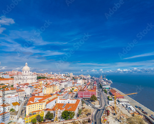 Alfama district and National Pantheon also called Santa Engracia Church, in Lisbon, Portugal. Aerial drone view photo