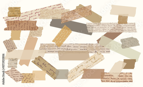 Antique Romantic Brown Vector Adhesive Washi Tape with Torn Edges and Hand Written Unreadable Text, Cute Beige Masking Paper Pieces with Cursive Handwriting