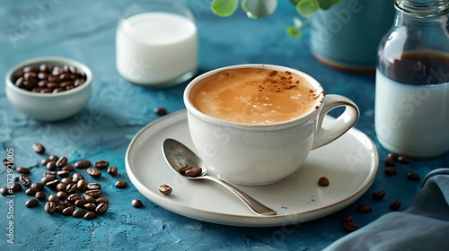  cup of creamy milk coffee on a ceramic plate, with a metal spoon and scattered coffee beans beside it, accompanied by a small cup of milk and a glass  photo