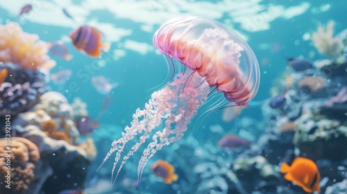 Tranquil Underwater Serenity: Enchanting 3D Render of Vivid Marine Life Through a Jellyfish's Eyes