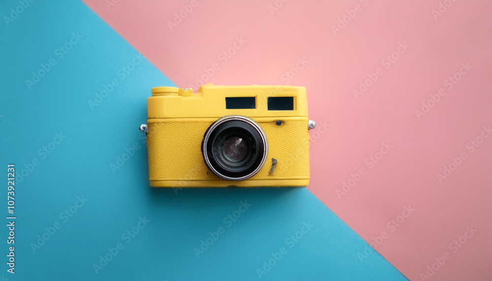 Fototapeta premium Yellow vintage film camera, isolated on a Soft blue and Pink Pastel
