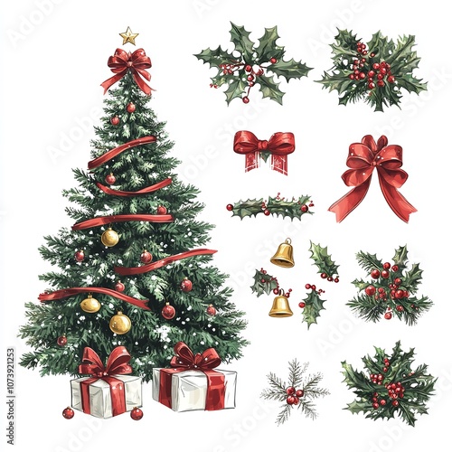  Christmas elements set with a Christmas tree, holly, and red ribbons: photo