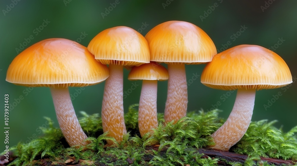 Golden mushrooms with moss background in forest setting Golden mushrooms with moss background in forest setting