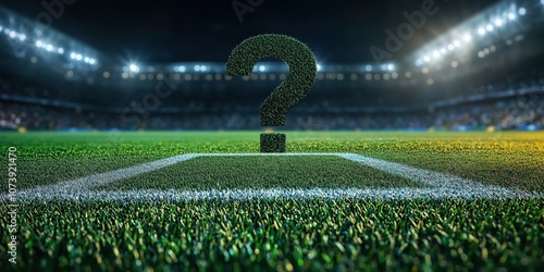 Question Mark on Soccer Field Under Stadium Lights Representing Sports Mystery and Uncertainty