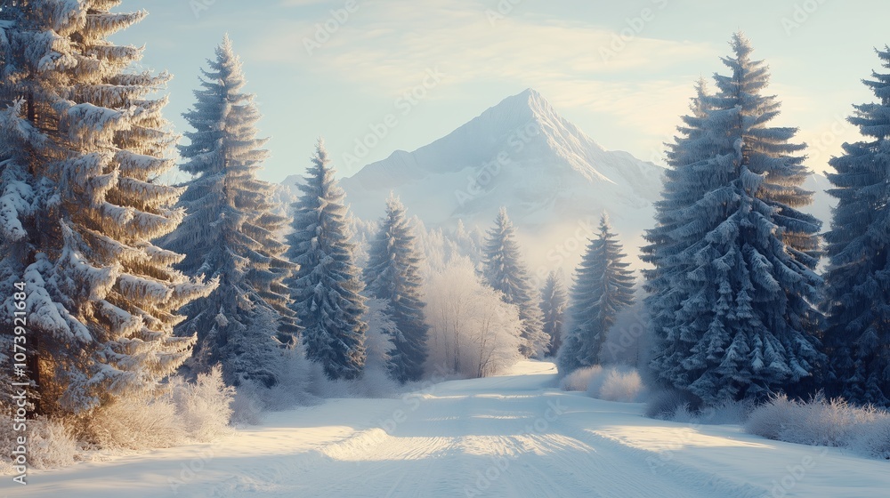 Snow-covered forest with mountains in winter sunlight Snow-covered forest with mountains in winter sunlight