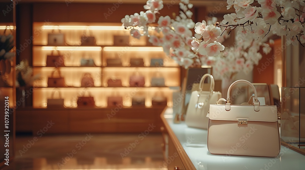 A boutique showcase featuring a luxurious collection of women's bags and accessories, elegantly displayed with soft lighting and a refined, sophisticated setting. A boutique showcase featuring a luxurious collection of women's bags and accessories, elegantly displayed with soft lighting and a refined, sophisticated setting.