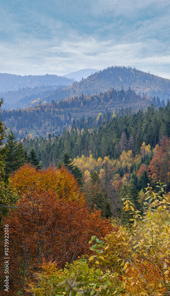 Morning foggy clouds in autumn mountain countryside. Ukraine, Carpathian Mountains, Transcarpathia. Morning foggy clouds in autumn mountain countryside. Ukraine, Carpathian Mountains, Transcarpathia.